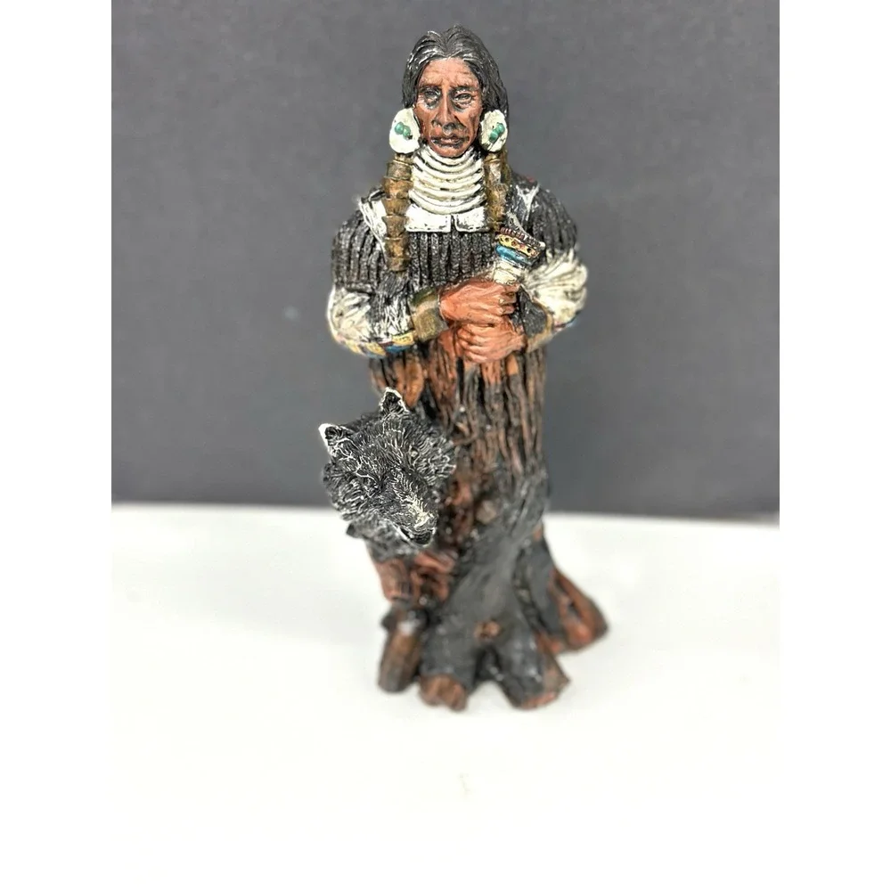 Vintage Resin Native American with Wolf Statue 9